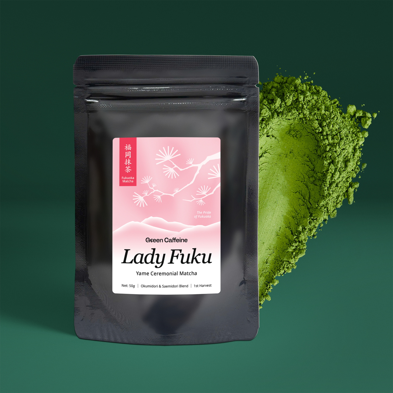 Black packaging of Lady Fuku Yame Ceremonial Matcha with a green powder smear on a green background